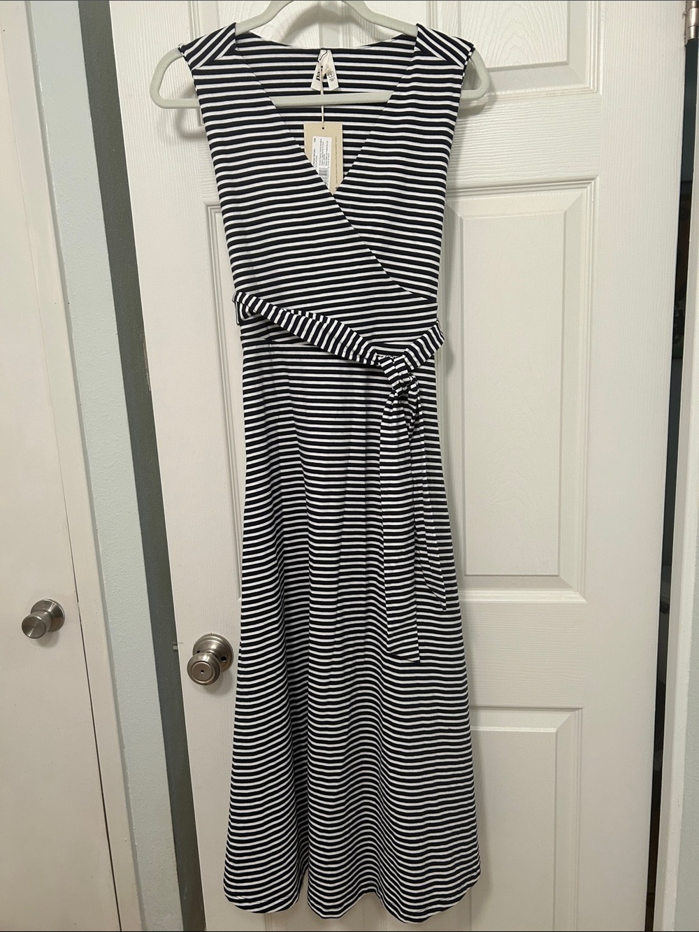 Pact V-Neck Dress in Stripe Navy Blue & White pattern.